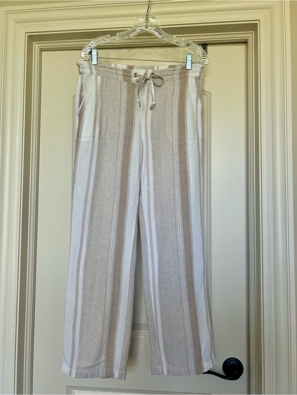 Per Se Beige & White Striped Wide-Leg Drawstring Pants * M